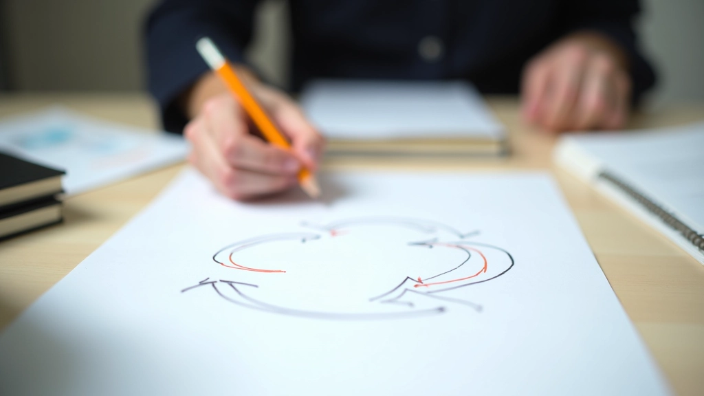 Diagram representation shown on paper - arrows forming a cycle between draft, review, and revision stages, colored pencils on desk, planning notes visible