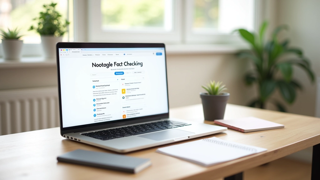 Laptop screen showing fact-checking website with verification tools and resources