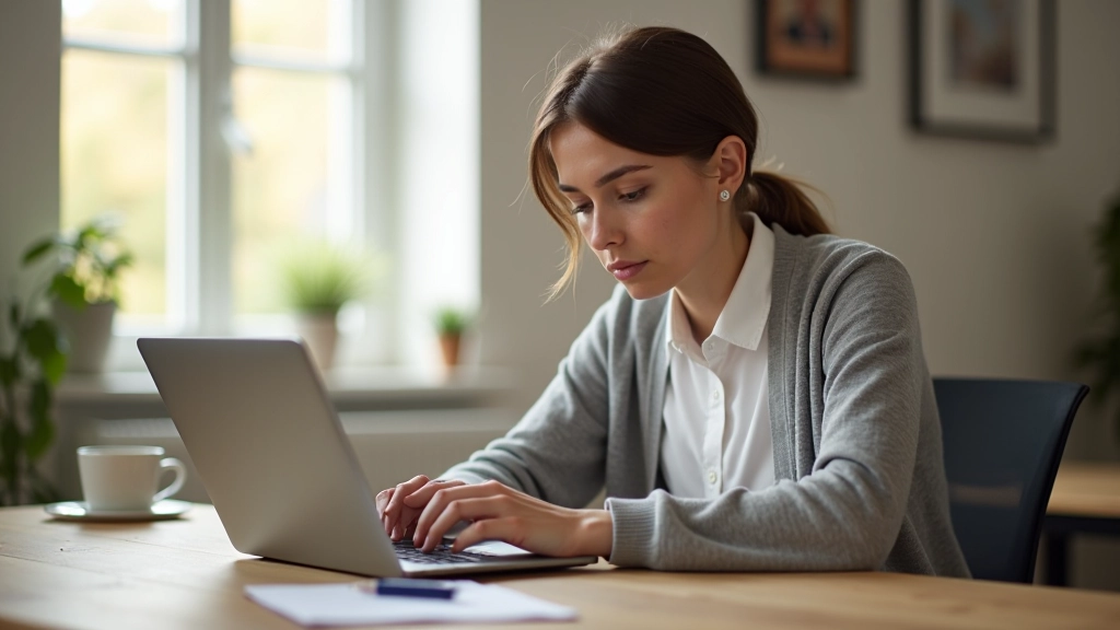 Person working at wooden desk with laptop showing text generation interface, morning natural light streaming through window, notepad with handwritten notes nearby