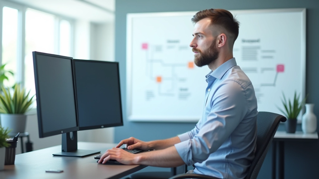 Modern desk setup with multiple screens showing AI workflow diagrams and automation processes