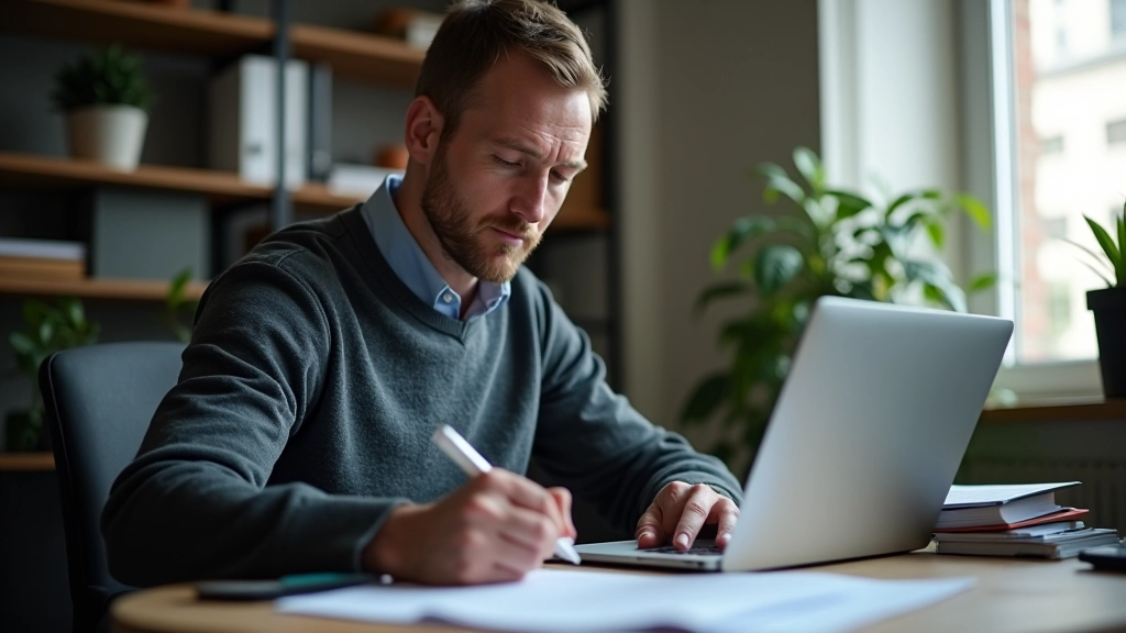 Person writing notes at desk, pen in hand, reviewing document on laptop screen, organized workspace with task list visible
