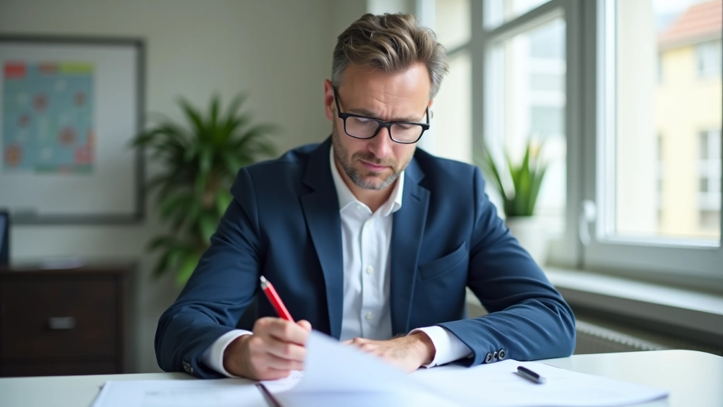 Person carefully reviewing text document with notes and highlighting markers