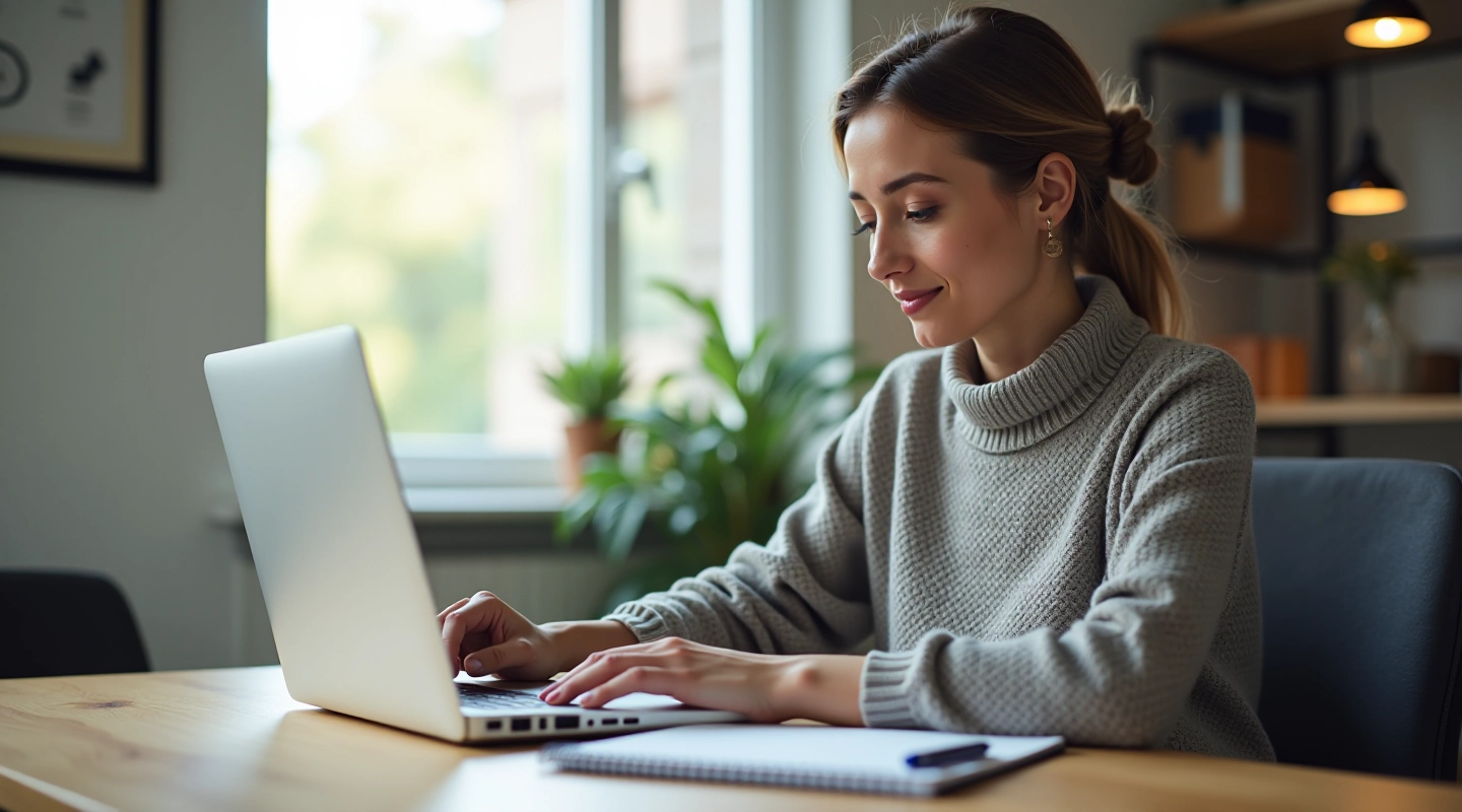 Woman at desk using AI text tool on laptop with notebook nearby